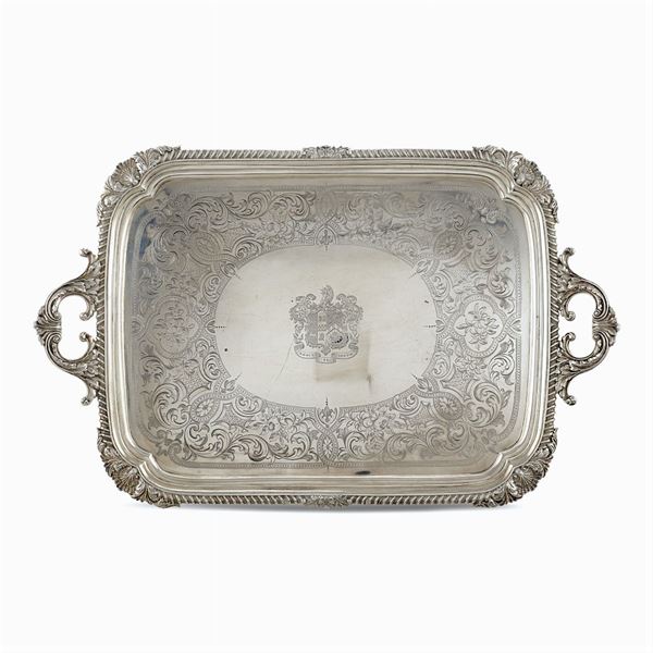 Rectangular two-handled silver tray