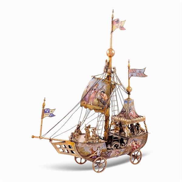 Vermeil silver and polychrome enamel sailing ship model