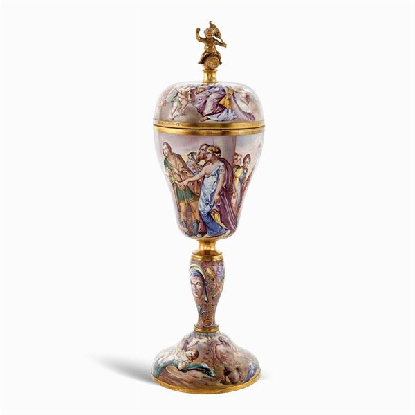 Vermeil silver and polychrome enamel cup with lid