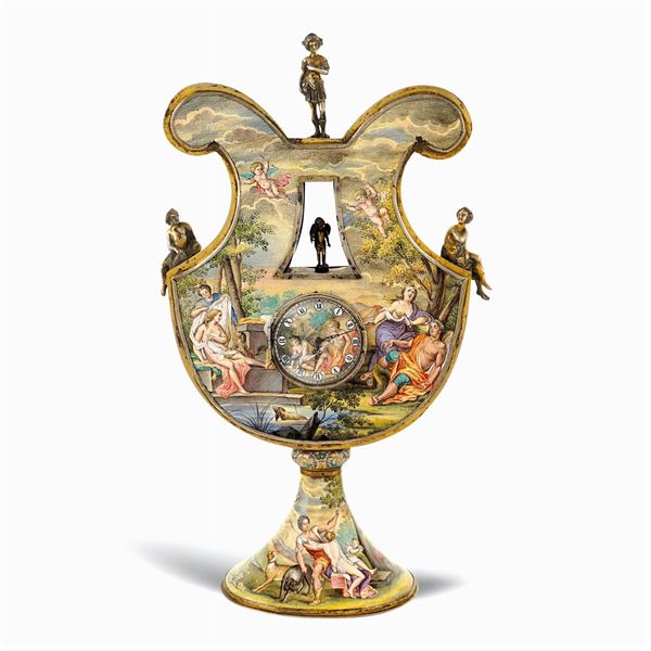 Silver and polychrome enamel table clock