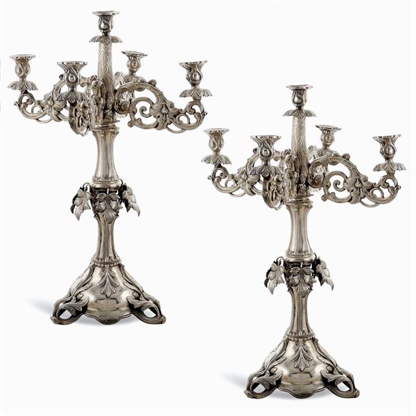 Pair of five lights silver candelabra