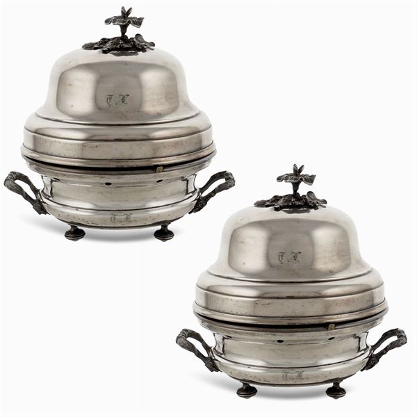 Pair of silvered metal food warmers