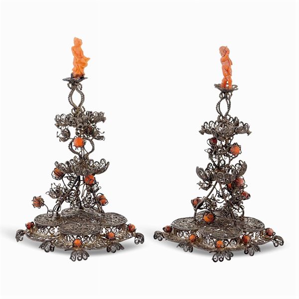 Pair of silver and coral stands