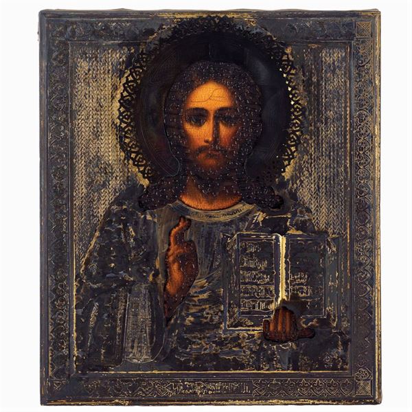 Icona raffigurante Cristo Pantocratore  (Mosca, XIX - XX Sec.)  - Asta ARGENTI E L'ARTE DELLA TAVOLA  - Colasanti Casa d'Aste