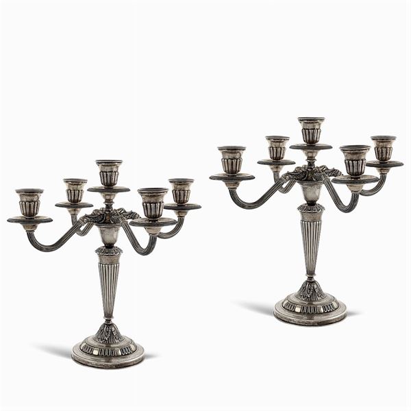 Pair five lights silver candelabra  (Italy, 20th century)  - Auction Fine Silver & The Art of the Table - Colasanti Casa d'Aste