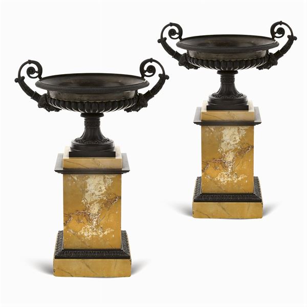 Pair of marble and bronze stands