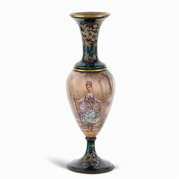 Enamelled metal baluster vase