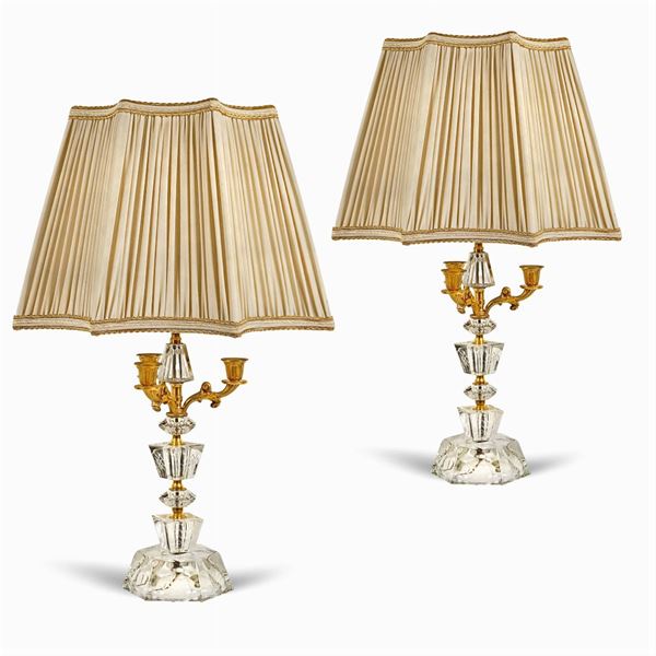 A pair of bronze and glass electric candelabras