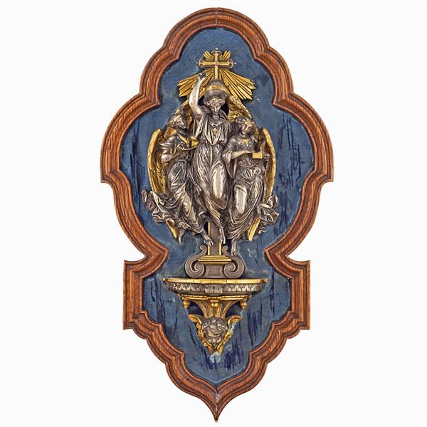 Acquasantiera in bronzo dorato e argentato