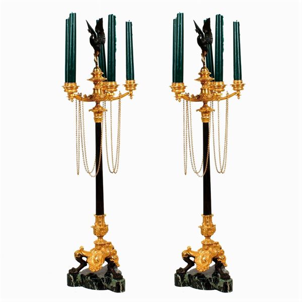 A pair of gilt and glazed bronze five lights candelabras  (France, 19th- 20th century)  - Auction Fine Art from an umbrian property - Colasanti Casa d'Aste
