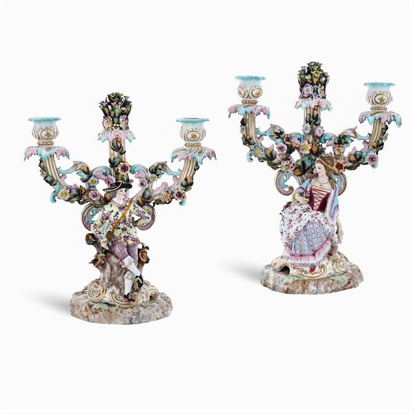 Meissen, a pair of porcelain candelabra