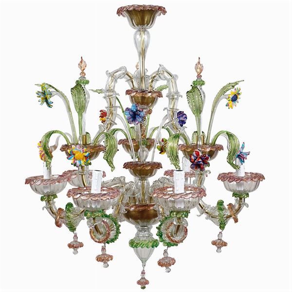 Lampadario in vetro Cà Rezzonico a sei luci  (Murano, produzione Mazzucato, XX Sec.)  - Asta FINE ART DA UNA PRESTIGIOSA DIMORA UMBRA  - Colasanti Casa d'Aste