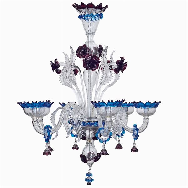 6 lights glass chandelier  (Murano, Mazzuccato production, 20th century)  - Auction Fine Art from an umbrian property - Colasanti Casa d'Aste