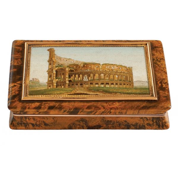root wood and gilt with micromosaic plaque tobacco tin