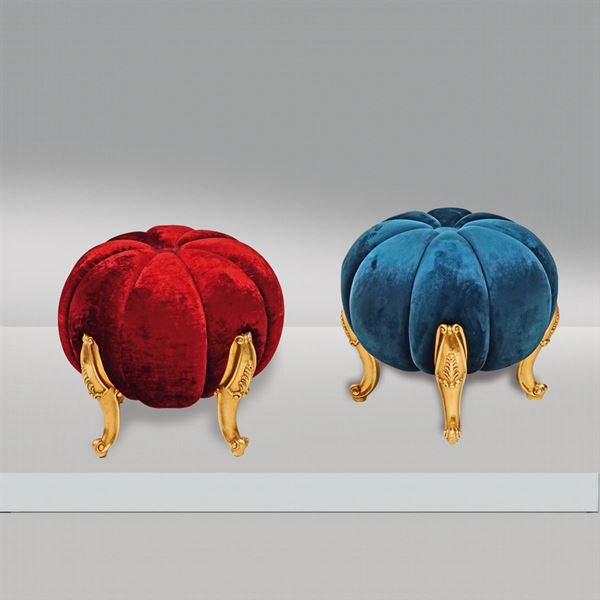 A pair of gilt wood and fabric pouf