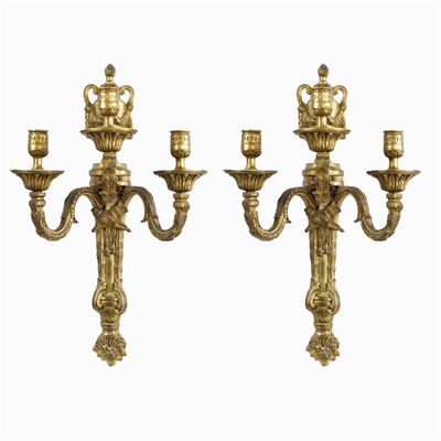 Coppia di Appliques a Tre Luci in Bronzo Dorato