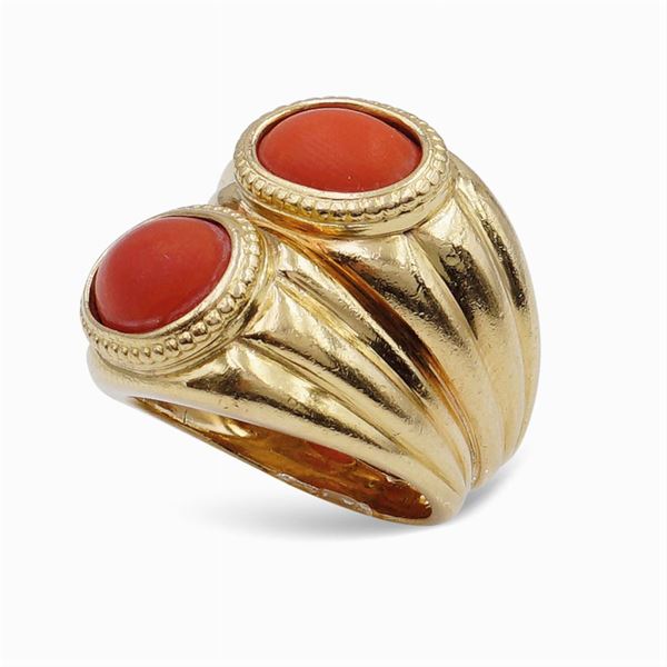 Anello doppio in oro giallo 18kt e corallo rosso