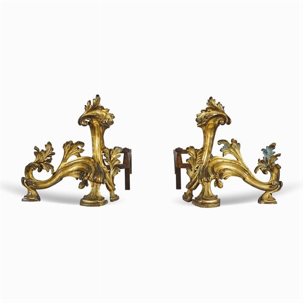 Coppia di alari da camino in bronzo dorato  (Francia, XVIII- XIX Sec.)  - Asta DIPINTI ANTICHI DA UNA PRESTIGIOSA DIMORA ROMANA - I - Colasanti Casa d'Aste