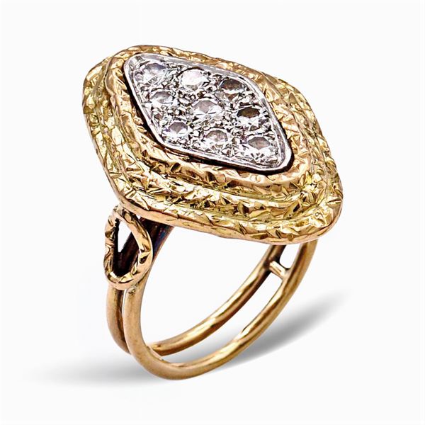 Anello a losanga in oro giallo e bianco 18kt