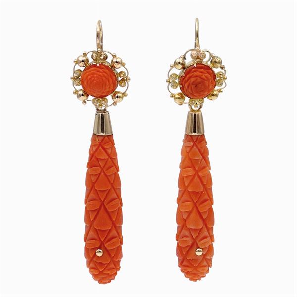 Gold and coral pendant earrings