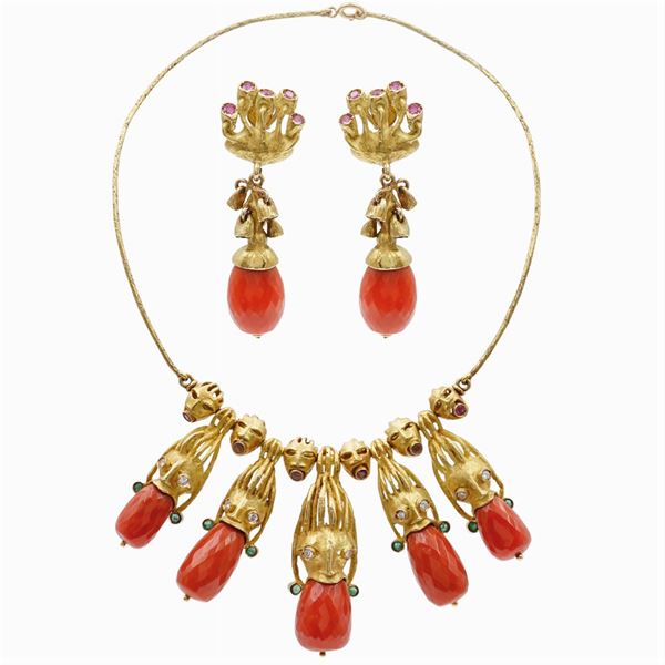 E. Giansanti, parure scultura in oro giallo 18k e corallo rosso