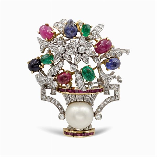 Spilla cestino fiori in oro giallo e bianco 18kt