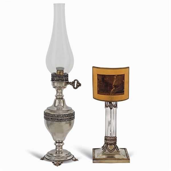Due lampade da tavolo in argento e metallo argentato