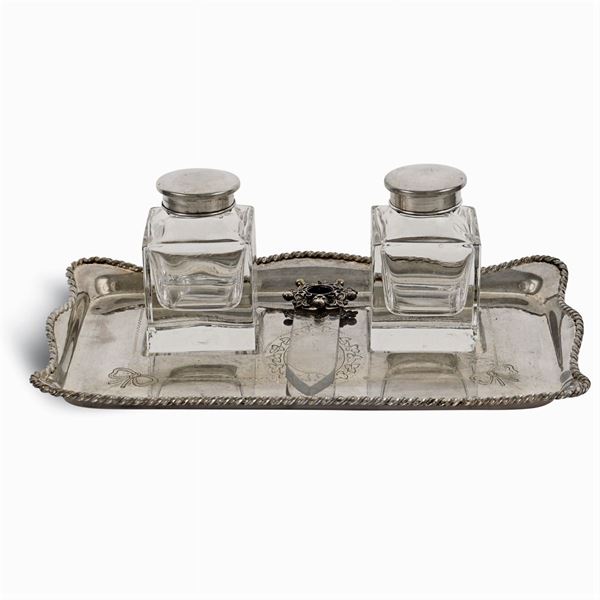 Silver metal inkpot and paper knife