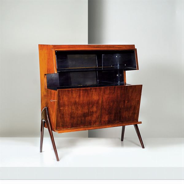 Walnut bar cabinet with glasses