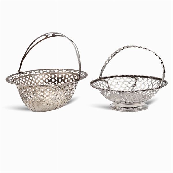 Two silver baskets with handles