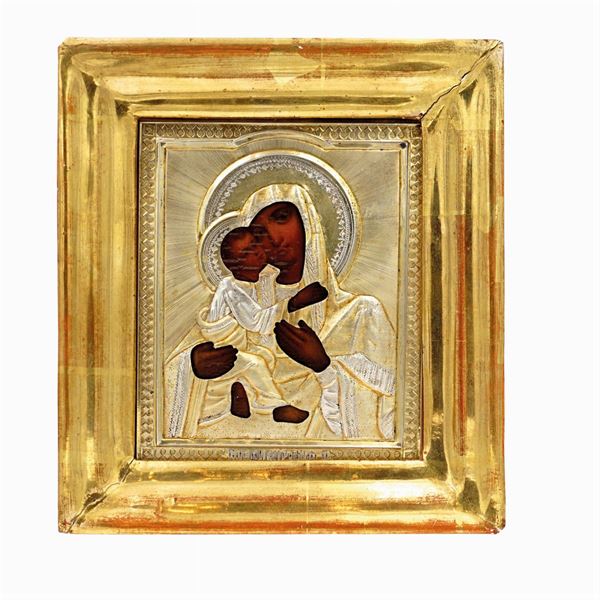 Icona raffigurante Madonna Di Vladimir con riza in argento