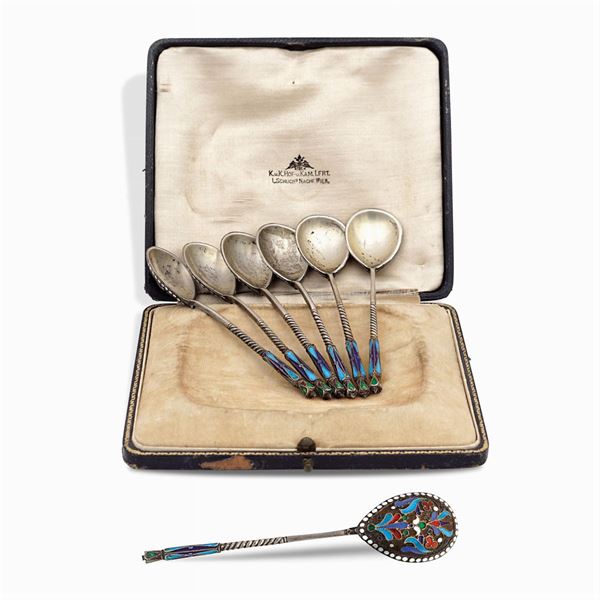 Six silver and polychrome enamel teaspoons