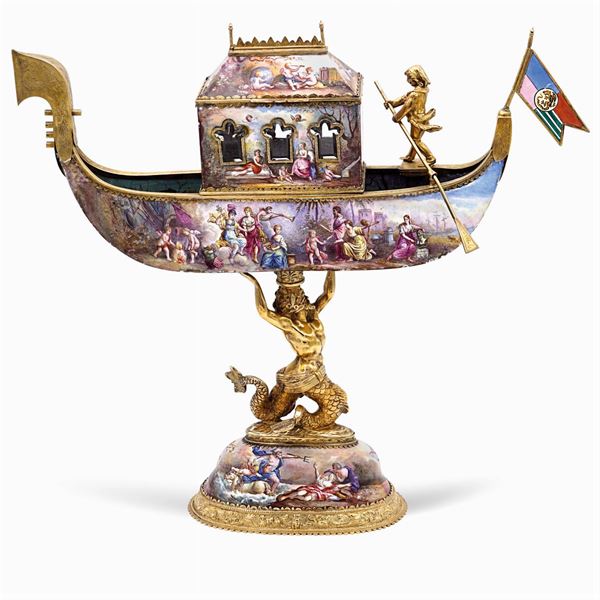 Vermeil and polychrome enamel gondola model