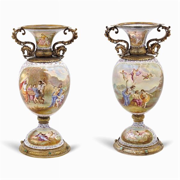 Pair of bronze and polychrome enamel vases