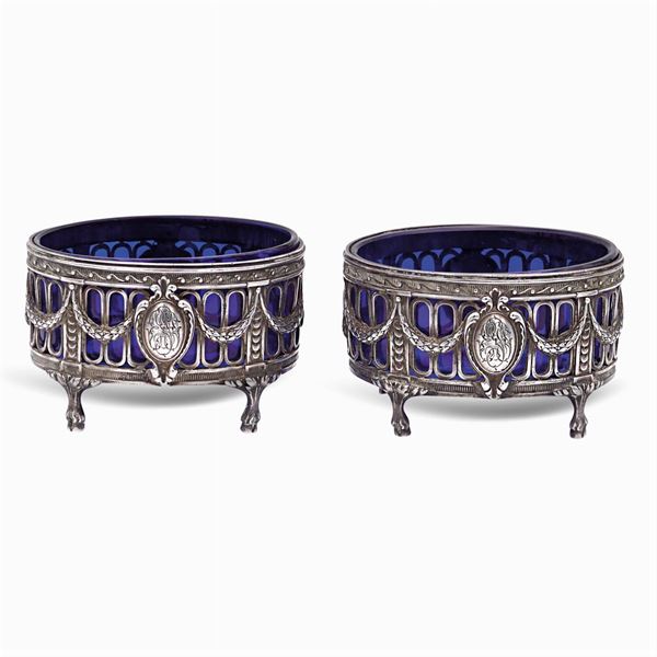 Pair of silver and blue opaline glass salt cellars