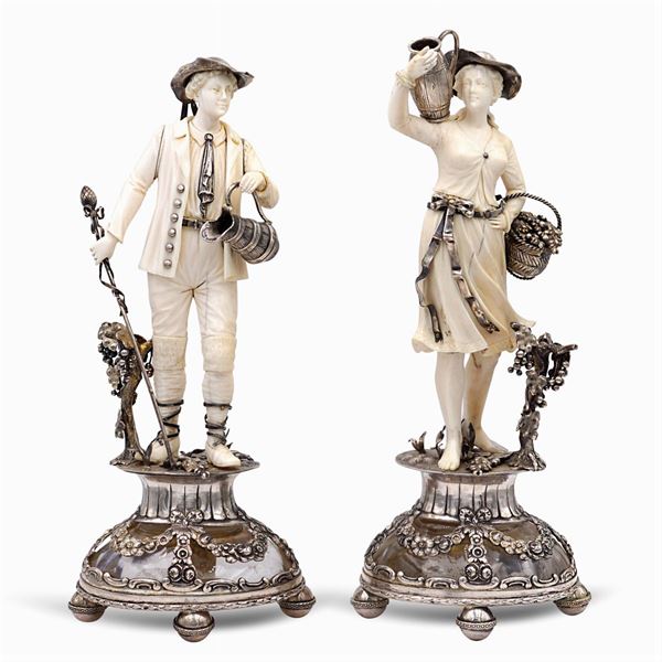 Pair of silver, bone and crystal sculptures  (France, 19th century)  - Auction FINE SILVER & THE ART OF THE TABLE - III - Colasanti Casa d'Aste