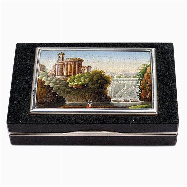Black granite, micromosaic and silver snuff box