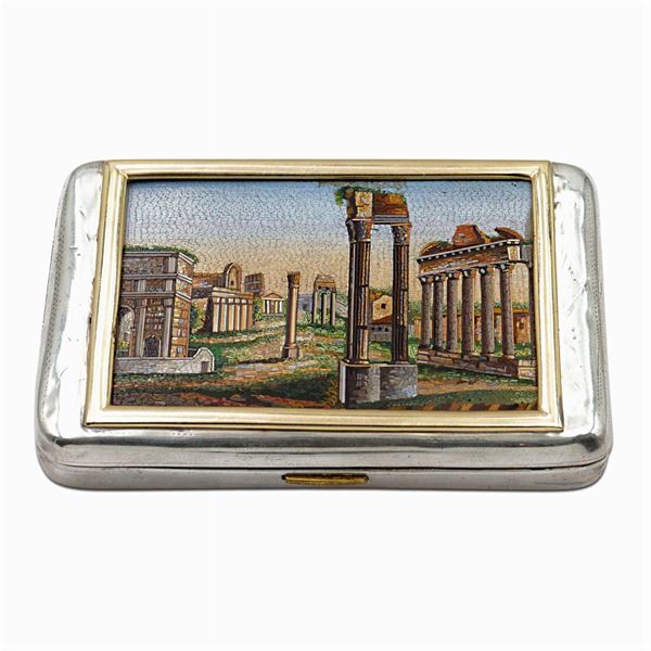 Tabacchiera in argento, oro e micromosaico