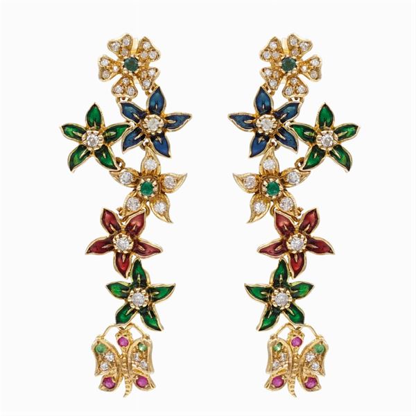 Multicolor pendant flower earrings  - Auction FINE SILVER & THE ART OF THE TABLE - III - Colasanti Casa d'Aste