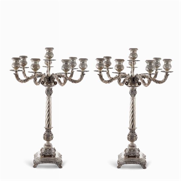 Pair of silver seven lights candelabra  (Italy, 20th century)  - Auction FINE SILVER & THE ART OF THE TABLE - III - Colasanti Casa d'Aste