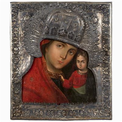 Icona con Riza in Argento Raffigurante "madonna con Bambino"