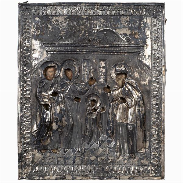 Icona con riza in argento raffigurante "La presentazione della Vergine Maria"