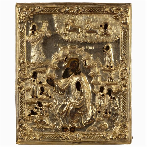 Icon with riza depicting "The Prophet Elijah and the charriot of fire"