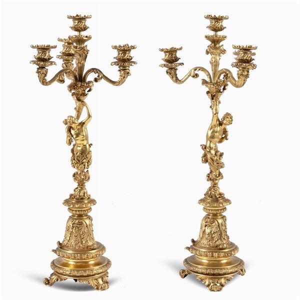 Giuseppe Succi - Pair of four lights gilt bronze candelabra