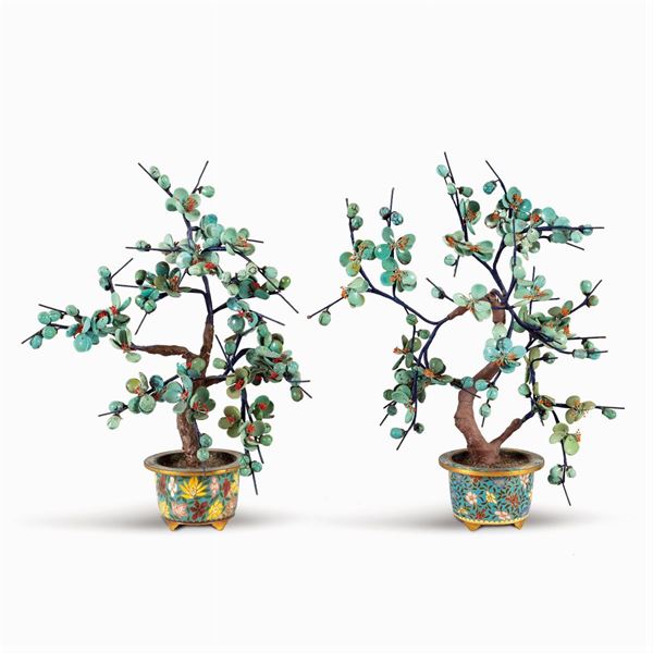 Pair of turquoise floral compositions  (China, 20th century)  - Auction From Important Roman Collections - Colasanti Casa d'Aste