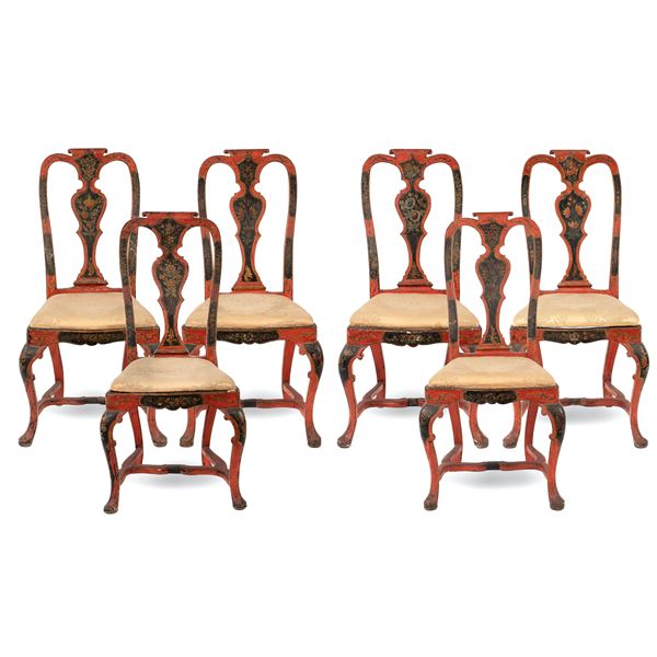 Six red lacquered wooden chairs