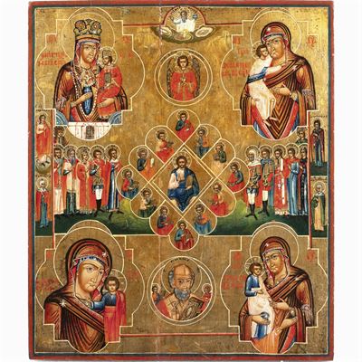 Icona Raffigurante "la Vergine, Gesù con gli Apostoli e Santi"