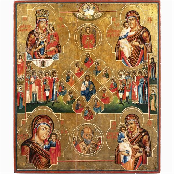 Icon depicting "The Virgin, Jesus with the Apostles and the Saints"