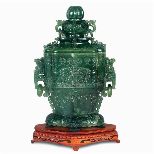 Spinach green jade vase with lid