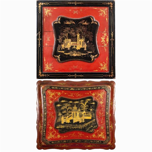 Two lacquered wooden panels
